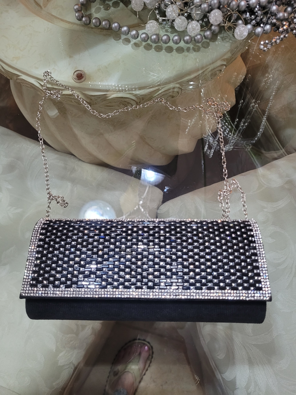 Elegant Black Crystal-Trim Evening Clutch